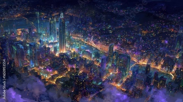 Fototapeta A vibrant, luminous cityscape at night, depicted with an illustrative, painterly style
