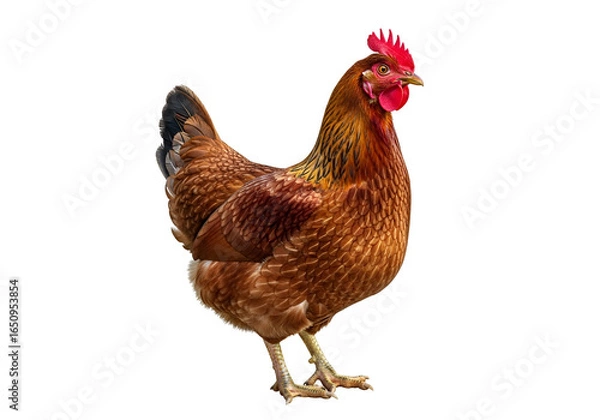 Fototapeta Realistic Brown Hen Standing Proudly Against a Black Background capturing farm poultry detail
