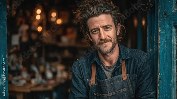 Obraz Small Business Owner at Entrance Looking at Camera