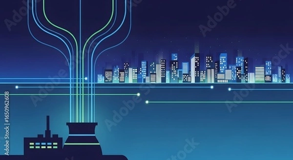 Fototapeta Night scene of a waste-to-energy plant connected by illuminated power lines to a futuristic city grid.