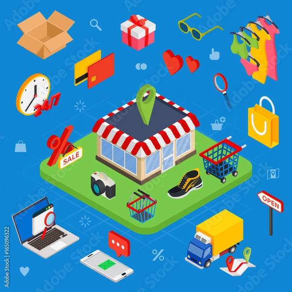 Fototapeta Flat 3d web isometric e-commerce, electronic business, online shopping, payment, delivery, shipping process, sales, black friday infographic concept vector