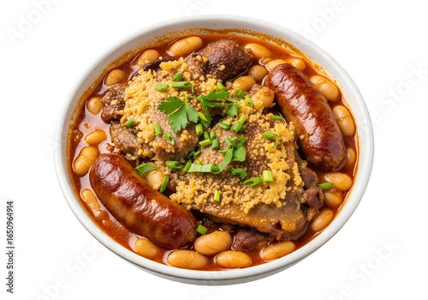 Fototapeta Savory traditional Nigerian okra soup with smoked fish and sausages served in a bowl
