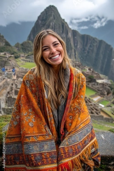 Fototapeta Happy Woman in Traditional Peruvian Clothing at Machu Picchu in Peru Photo.Fictional Character Created By Generative AI