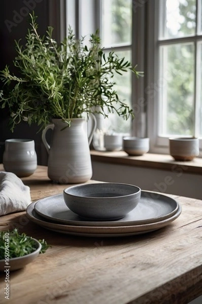 Fototapeta Minimalist Scandinavian kitchen with handmade ceramic tableware, matte white and grey plates and bowls on natural wood table, styled with linen napkins and herbs, cozy hygge lifestyle, soft daylight
