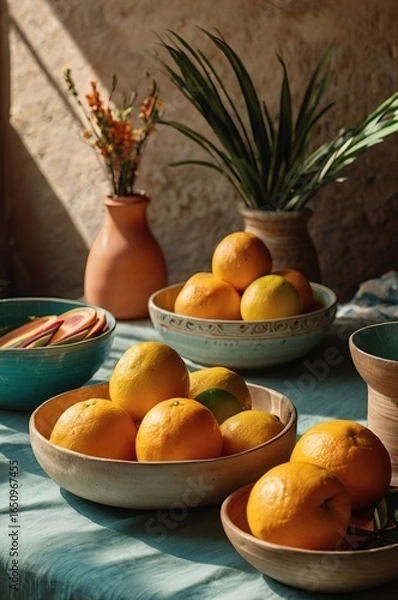 Fototapeta Bright summer ceramic tableware in turquoise, coral, and sunny yellow tones styled with citrus fruits on rustic wood, natural sunlight and palm shadows, Mediterranean boho artisan dining concept