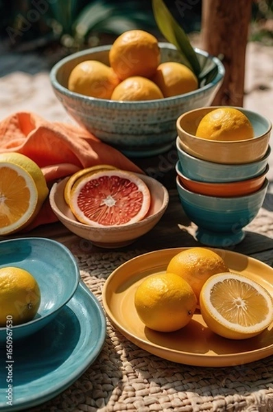 Fototapeta Vibrant artisanal summer table setting with handcrafted ceramics in bold turquoise, coral, and yellow shades, rustic natural textures, citrus fruits, sun-kissed linen cloth, bohemian outdoor dining