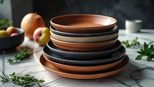 Fototapeta Artistic close-up of authentic ceramic tableware collection, modern glossy rustic finishes, styled with natural ingredients on marble counter, editorial food photography style with artisanal details
