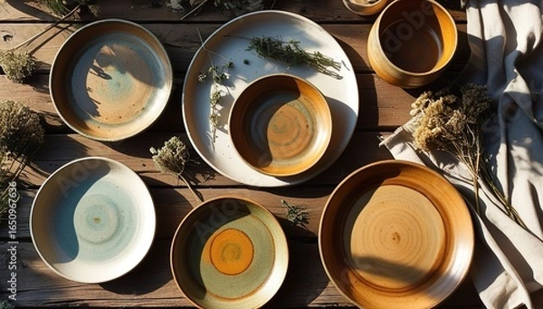 Fototapeta Authentic handmade ceramic bowls and plates arranged on rustic wooden table with dried herbs and wildflowers, bathed in soft sunlight, cozy boho aesthetic, warm earthy colors and artisanal textures.