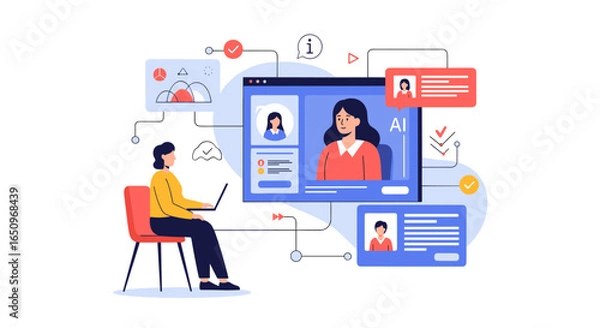 Fototapeta Modern woman using AI technology to assess profiles and analyze data for business success