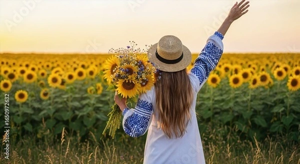 Obraz Woman Embracing Joyful Freedom in Golden Sunflower Field at Sunset with Straw Hat and Bouquet