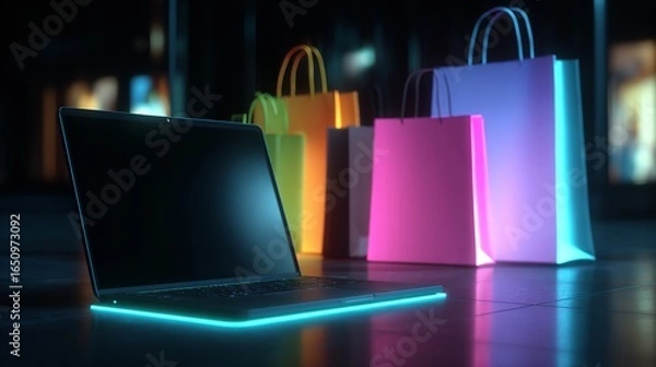 Obraz A modern laptop illuminated by a colorful neon glow reflects a contemporary aesthetic and technological theme