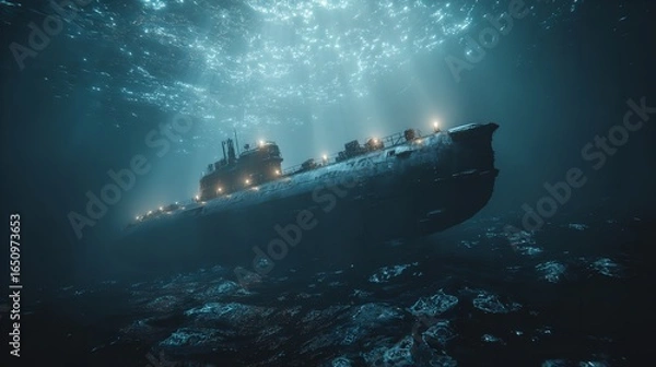 Obraz An underwater scene featuring a large submarine illuminated against a deep oceanic backdrop, exuding a sense of mystery and exploration.
