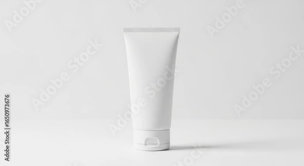 Fototapeta Blank White Cosmetic Tube Standing on Minimalist White Background