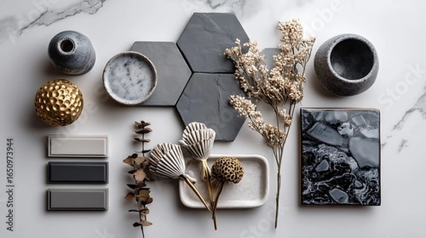 Fototapeta Elegant kitchen mood board showcasing stylish interior design elements like tiles, paint swatches, ceramics, and dried flowers for a home renovation project.