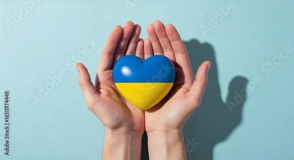 Obraz Supporting Ukraine Hands Cupped Gently Embracing Heart Shaped Symbol Adorned with Vibrant Blue and Yellow Flag Colors Representing Solidarity