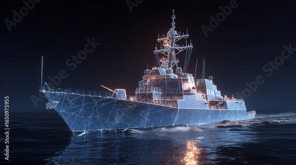 Obraz A digital rendering of a naval ship with technical overlays illustrating its design.