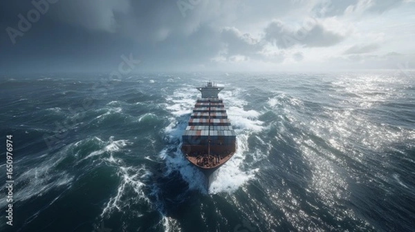 Obraz Cargo Ship in Rough Waters Navigating Through a Powerful Storm with Dark Clouds Towering Overhead