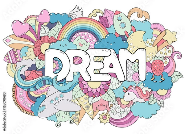 Obraz Abstract background with text dream. Texture for typography. Template for advertising, postcards, banner, web design, printing on clothes. Set of cartoon characters. Doodle hand lettering