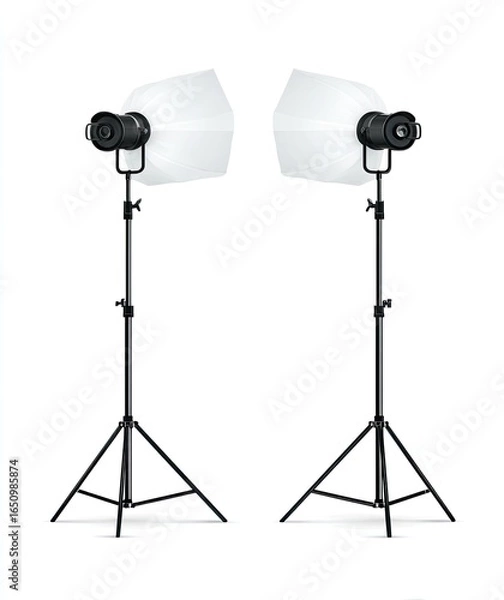 Obraz Two studio lights with softboxes, on stands, isolated on white