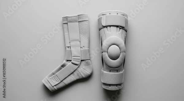 Fototapeta An orthopedic knee brace and ankle support for joint stability and injury rehabilitation, isolated on a light background