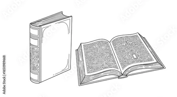 Fototapeta Open and Closed Books with Intricate Line Art in Minimalist Style for Educational or Literary Content