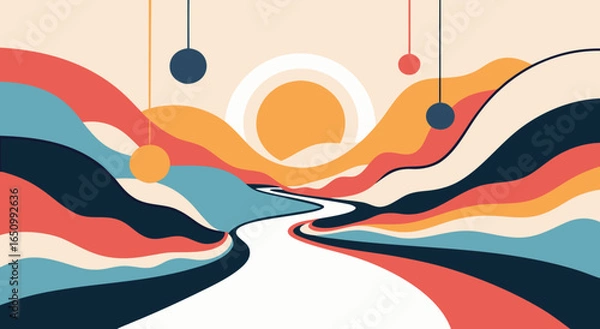 Fototapeta Vibrant abstract landscape with flowing river and floating orbs under a setting sun