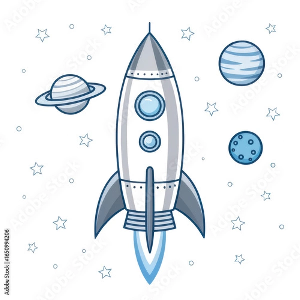 Obraz Cartoon rocket ship traveling through space with planets and stars isolated on transparent background