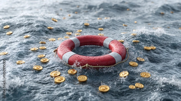 Fototapeta Lifebuoy in Turbulent Ocean with Gold Coins Financial Crisis and Business Rescue Concept