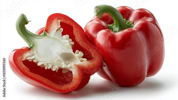 Obraz Red bell pepper whole and halved with seeds on white background
