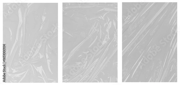 Fototapeta Three panels of crumpled or stretched clear plastic wrap, ideal for backgrounds or textures in design projects and packaging.