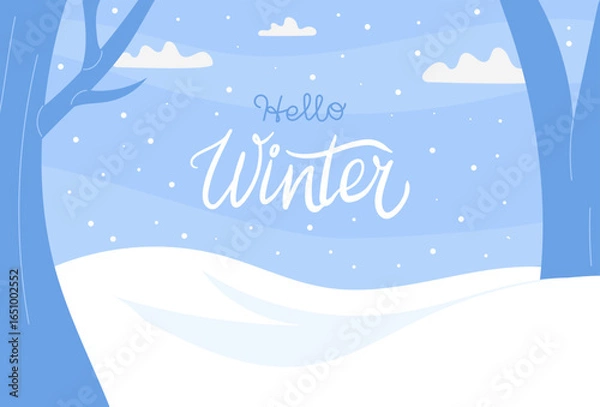 Obraz Snowy winter landscape with copy space for text and festive lettering. Vector background for greeting cards, posters, social media banners