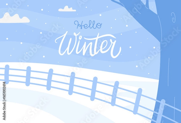 Obraz Snowy winter background with landscape and festive lettering. Vector illustration for greeting cards, posters, social media banners