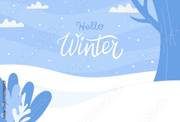 Obraz Snowy winter background with landscape and lettering. Vector illustration for greeting cards, posters, social media banners