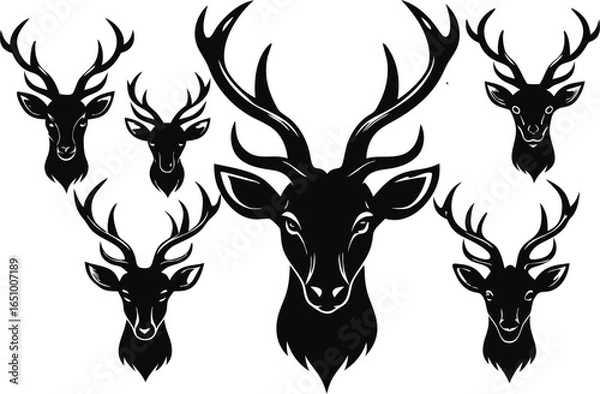 Obraz Deer Head Silhouettes with Antlers Set