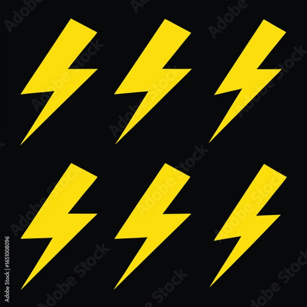 Fototapeta Six bright yellow lightning bolts on a black background