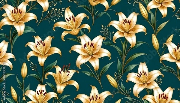 Fototapeta Seamless pattern with elegant yellow lilies.