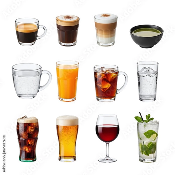 Fototapeta Collection of various beverages and drinks isolated on transparent background