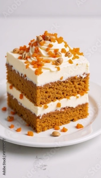 Fototapeta A delightful slice of carrot cake with cream and nuts on a white plate ideal for tea parties or holidays