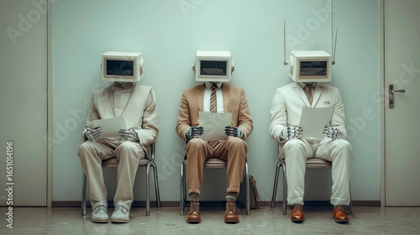 Fototapeta Three individuals with computer monitor heads and robotic hands sit in suits holding resumes, waiting for job interview
