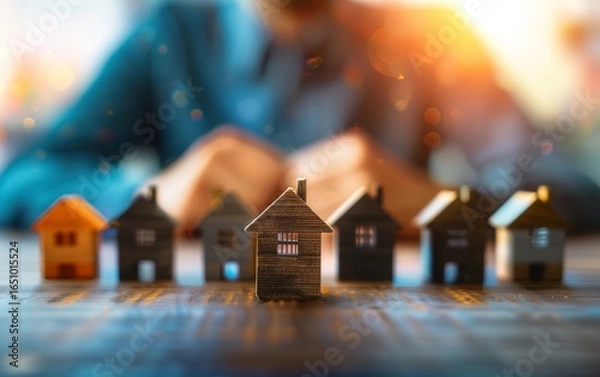 Fototapeta A close-up of miniature houses on a table, with a person in the background, symbolizing real estate investment and housing choices.