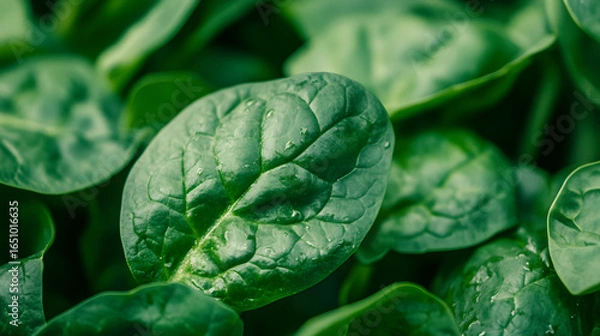 Obraz Close-up of Fresh Spinach Leaves with Water Droplets