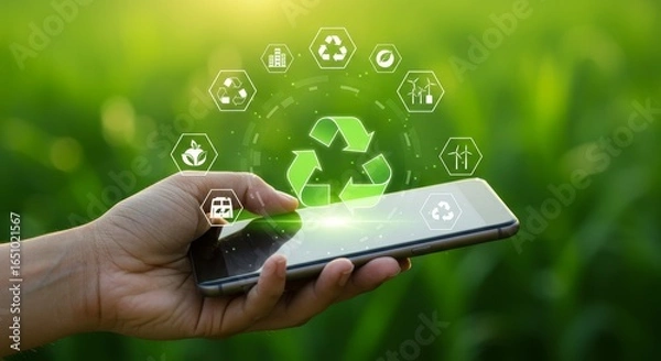 Fototapeta Green Technology Mobile App for Recycling - Hand holding smartphone displaying recycling app interface with green eco-friendly icons, promoting sustainable practices
