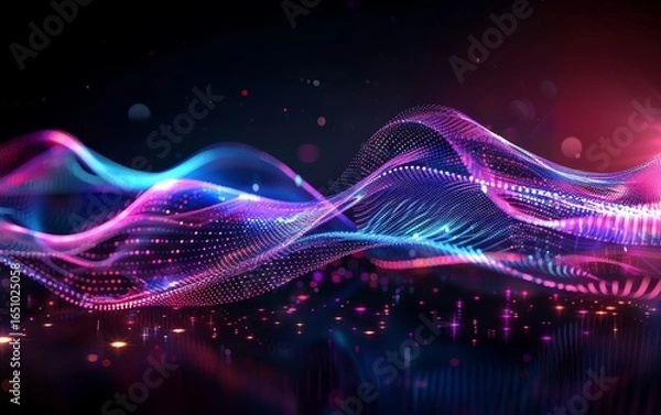 Fototapeta Vibrant abstract waves with glowing dots and lines in a dark space, creating a dynamic and colorful digital landscape.