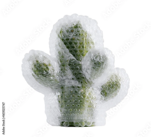 Obraz A minimalist 3D render of a cactus, completely wrapped in protective bubble wrap, is isolated on a transparent background.