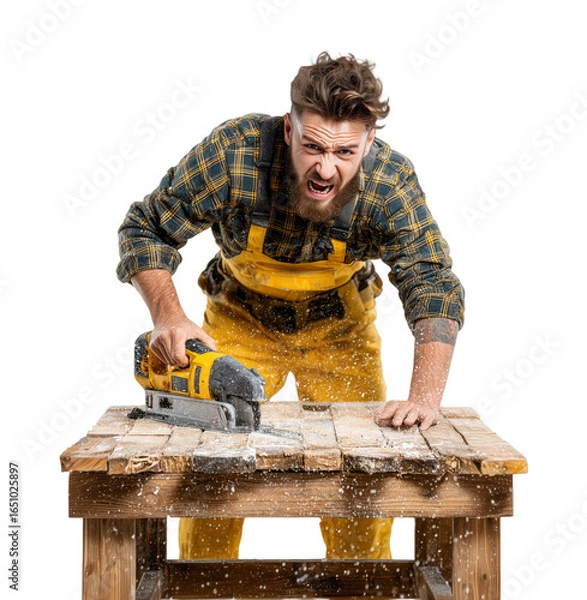 Obraz A clumsy carpenter, in the middle of sawing wood, looks frustrated, isolated on a transparent background.