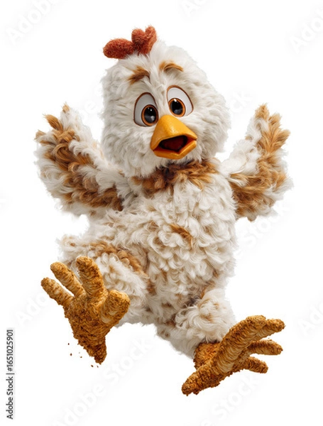 Obraz A silly chicken mascot, mid-fall with its wings raised and feet splayed, looks at the camera with a surprised and worried expression, isolated on a transparent background.