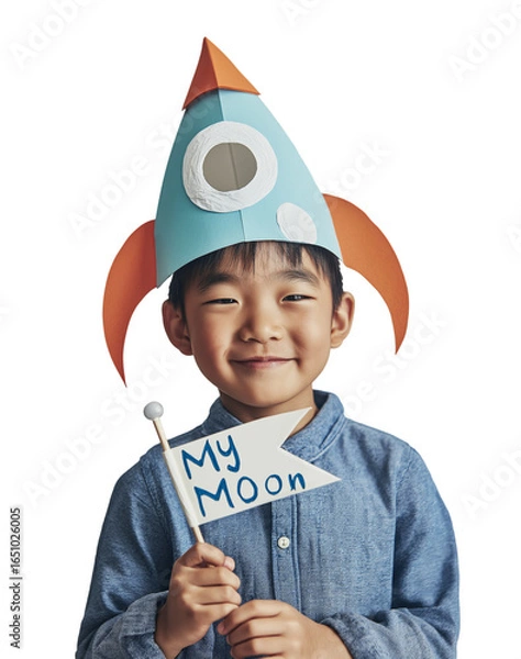 Obraz A smiling young Asian boy, wearing a paper rocket hat and holding a flag that says "My Moon," is isolated on a transparent background.