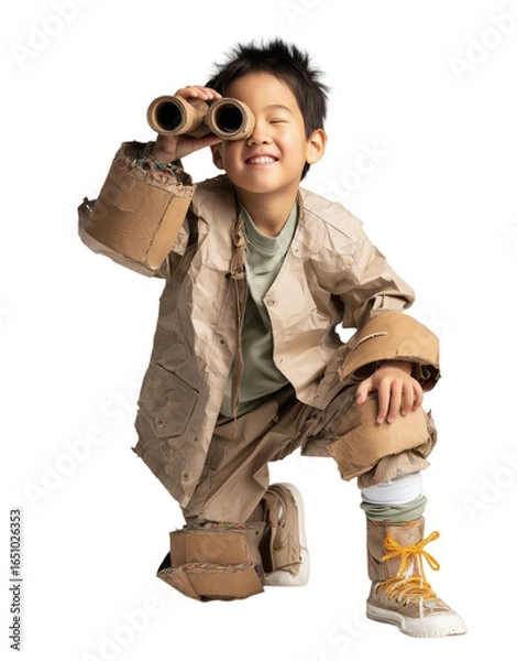 Obraz An Asian boy, dressed in a handmade explorer outfit and holding cardboard binoculars, kneels and smiles, isolated on a transparent background.