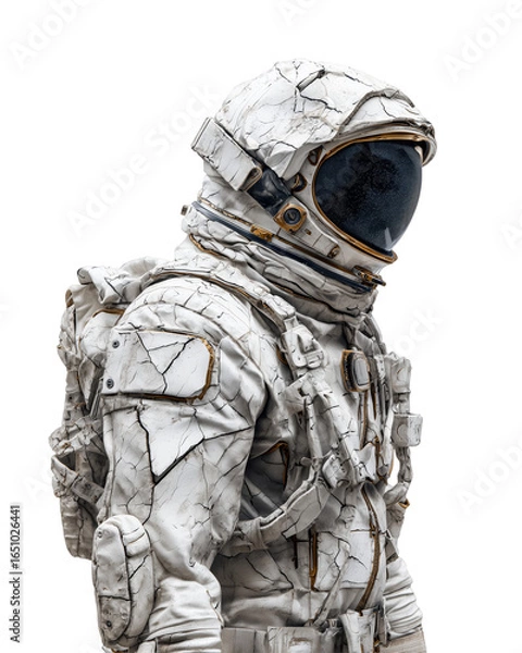 Obraz A man, wearing a worn vintage cosmonaut suit with cracks and weathering, looks down and to the side, isolated on a transparent background.
