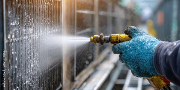Fototapeta Technician uses high pressure water gun to clean air conditioning unit, ensuring efficient operation